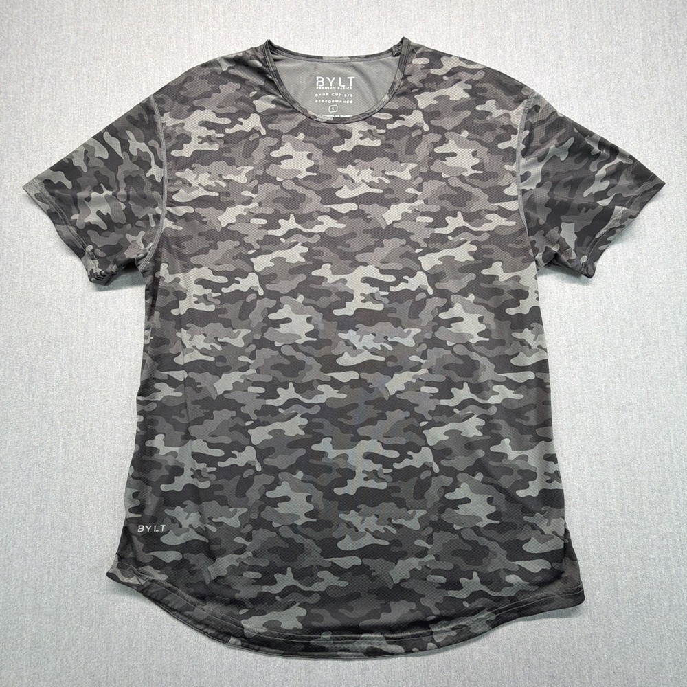 BYLT Shirt Men Large Gray Camo Drop Cut Performance Workout Running Short Sleeve